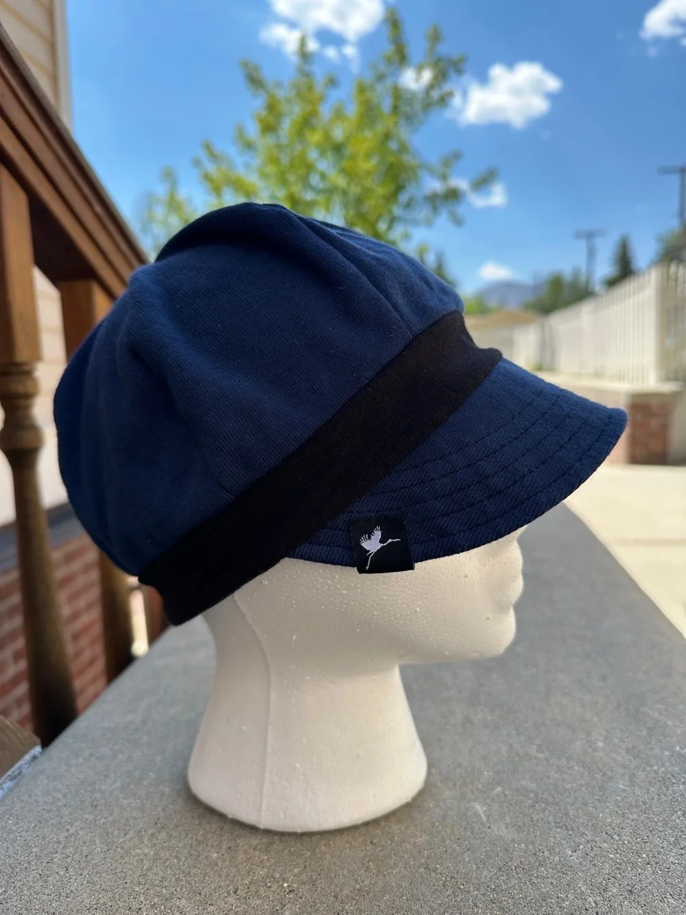 100% Organic Cotton stretch cap baseball style hat navy Blue Red flower accent